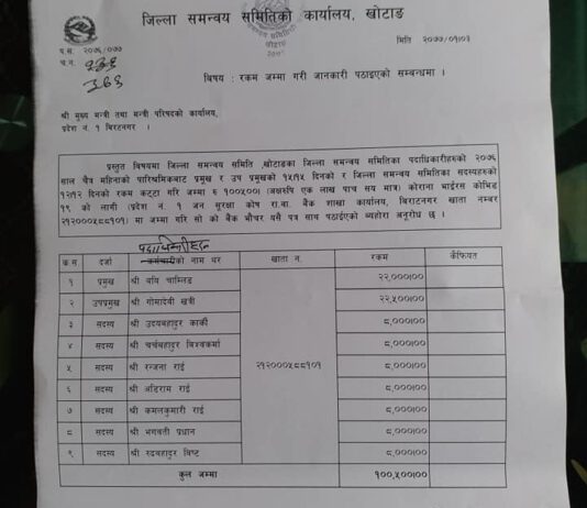 जिल्ला समन्वय समिति खोटाङका पदाधिकारीहरुको एक लाख तलब कोरोना कोषमा